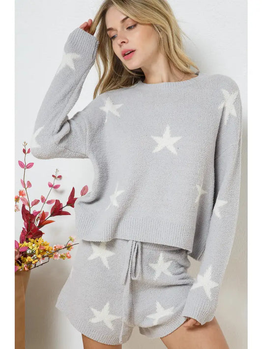 Soft Long Sleeve Star Print Top & Short Set | Heather Grey