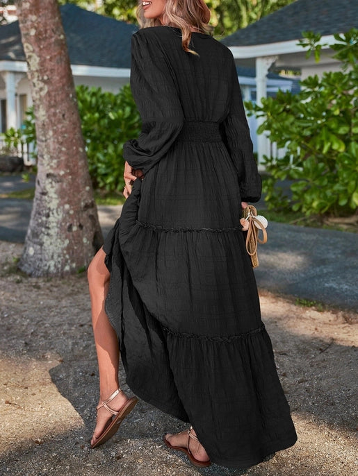 Long Sleeve V-Neck Nipped Waist Maxi Dress | Black