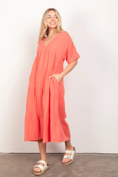 Frayed Detail Soft Gauze Midi Dress