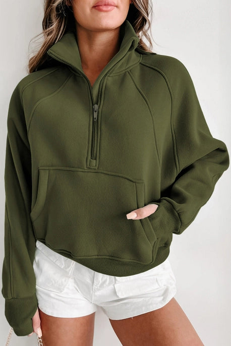 Olive Green Zip-Up Stand Collar Ribbed Thumbhole Sleeve Sweatshirt