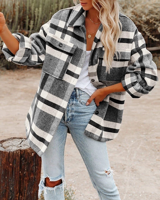 Plaid Button Flannel Shirt Jacket | Black + White