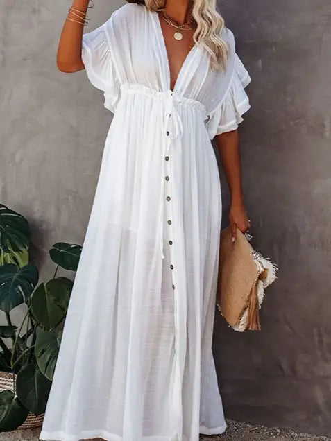 Slub Ruffle Plunge Beach Seaside Cover Up-Maxi Dress